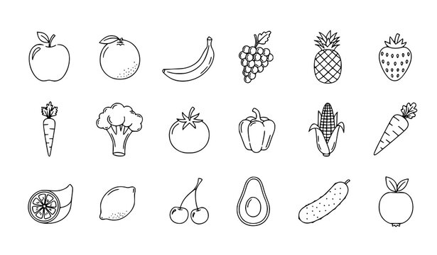 Fruit and vegetable outline doodle pattern vector illustration with hand drawn healthy food icons