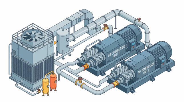 Isometric illustration of an industrial refrigeration system with two screw compressors, a cooling tower, and associated piping and ductwork.