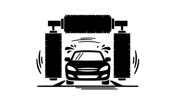 Car inside automatic carwash tunnel with rotating brushes black silhouette vector icon