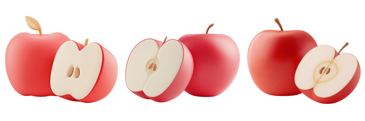 Obraz premium Vibrant 3d Pastel Red Apples with Halved Fruit Display on White