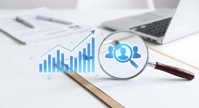 human resources recruitment and talent search concept with magnifying glass over people icons and blue business growth bar chart on office desk with laptop and clipboard