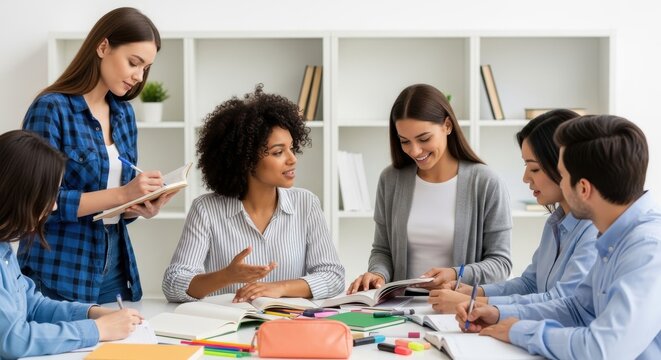 Diverse group of young adults collaborates intensely during an indoor study session around a table
