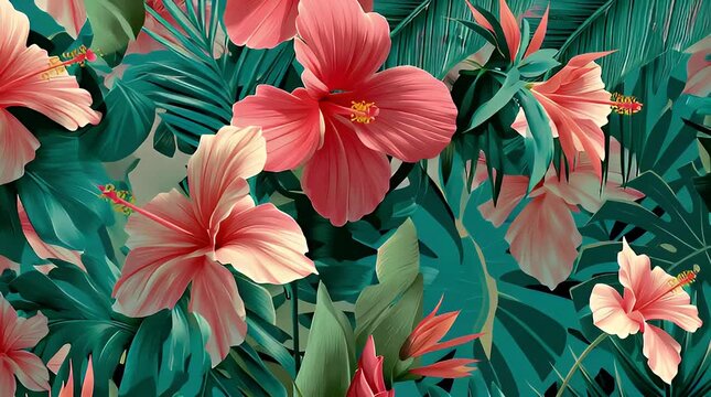 Tropical hibiscus flowers and green palm leaves in garden