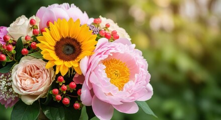A bouquet of flowers with pink and yellow petals