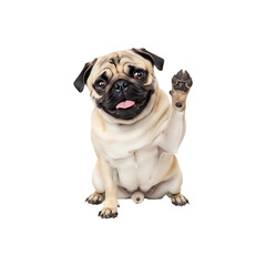 Fototapeta premium Cute pug dog waving paw sitting on white background
