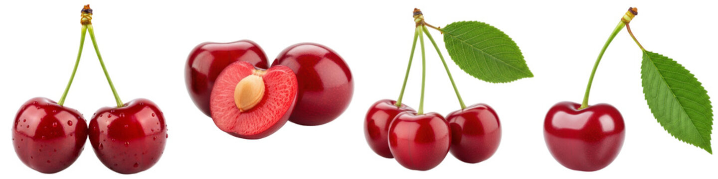 Fresh ripe red cherries with green stems and leaves, some with water drops, a half cherry showing the pit.