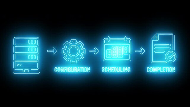 Neon-lit icons depicting a workflow process with configuration, scheduling, and completion stages against a dark background with blue glow.