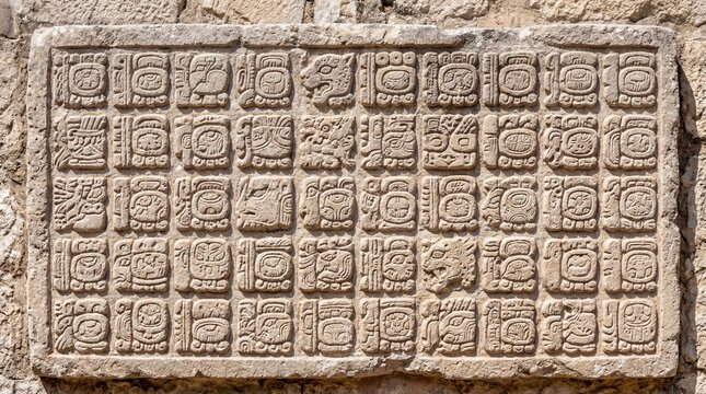 Ancient Mayan Hieroglyphic Inscription Carved in Stone.