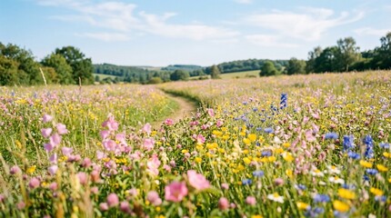 Fototapeta premium vibrant wildflower meadow with a winding dirt path through colorful flowers