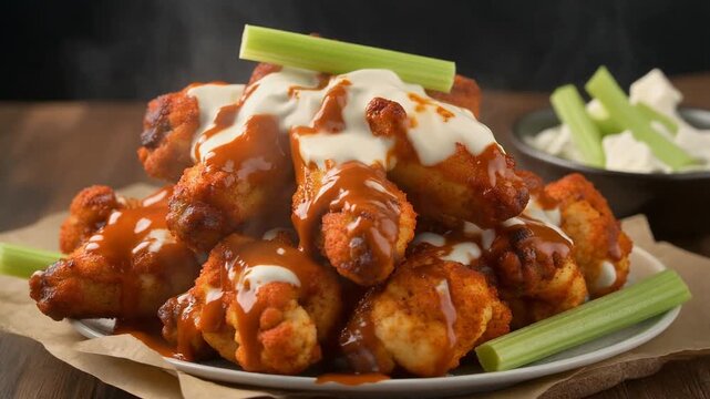 Delicious buffalo chicken wings with ranch dressing and celery sticks 