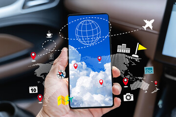 Travel planning app on smartphone with world map navigation and tourism icons