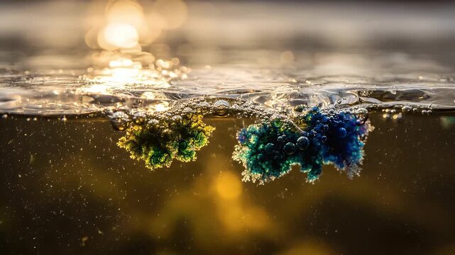 Cinematic Push-in on Iridescent Microalgae Blooming Beneath Thawing Forest Pond Ice with Golden Light and Fracturing Patterns