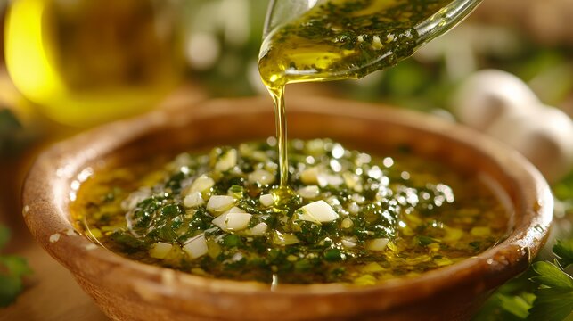 Olive oil pouring into fresh Cuban mojo sauce bowl