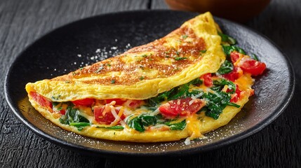 Savory omelet with spinach, tomatoes, and cheese, a delightful culinary presentation