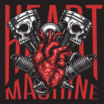 Dark mechanical illustration featuring skull pistons and anatomical heart engine, symbolizing power, death, and raw machine energy aesthetic.