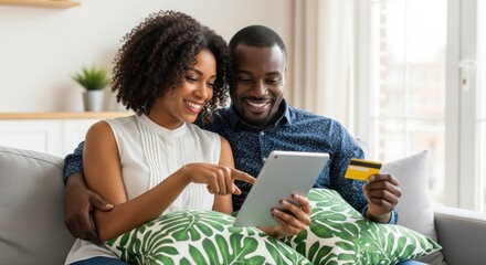 Fototapeta premium Happy adult couple makes an online purchase using a digital tablet and payment card while relaxing indoors