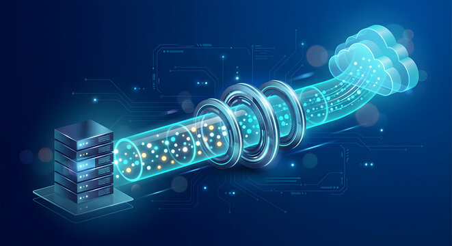 Futuristic digital data transfer from local server rack to cloud storage through a glowing blue pipe symbolizing high speed network connectivity and secure information migration