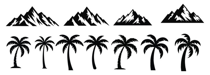 Mountain Range and Palm Tree Silhouette Vector Set, Nature Landscape Elements for Travel and Adventure Logos. © TAHMINA