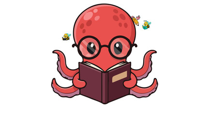 Smart Octopus Reading Book with Glasses - Cute octopus cartoon wearing glasses and reading a book, fun ocean animal literacy illustration. © EduIp