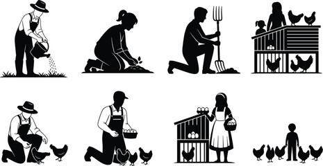 Farm life silhouette collection showing farmers planting seeds, watering plants, feeding chickens, collecting eggs, and caring for poultry coop in sustainable rural agriculture concept illustration. © MstSabnur