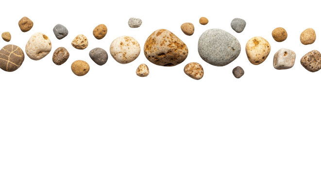Collection of various small stones and pebbles isolated on transparent background for design elements