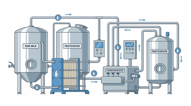 Diagram illustrating the industrial process of milk pasteurization, from raw milk storage to final pasteurization.
