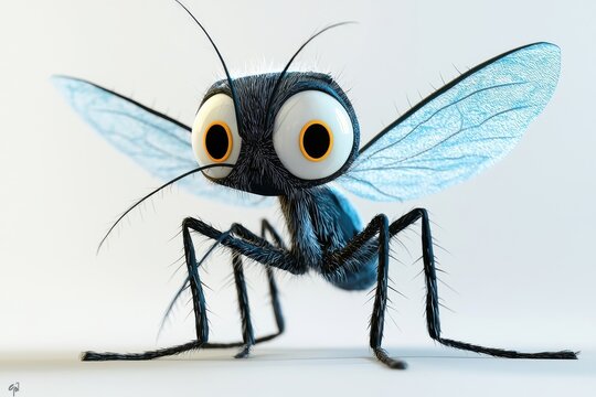 A 3D cartoon mosquito character, isolate on white background, designed with whimsical features and charm.