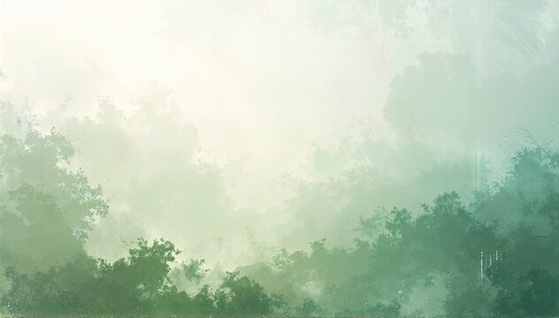 a moody landscape painting of tall, shadowy trees fading into soft gray fog, their silhouettes blurred by mist and diffused morning light