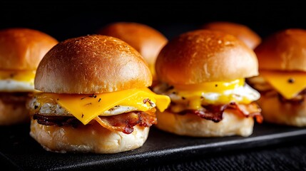 Appetizing breakfast sliders with fried egg, bacon, and cheddar on soft brioche