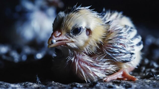 Close-up of a wet baby chick, showing its soft wet feathers with an open beak, looking around nervously in its dark surroundings