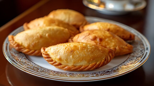 golden empanadas vector on ornate white decorative plate
