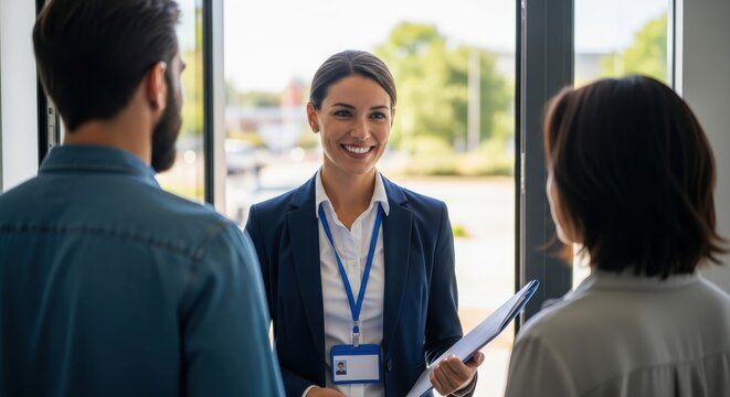 Professional welcoming agent greets potential clients standing near an entryway with natural light