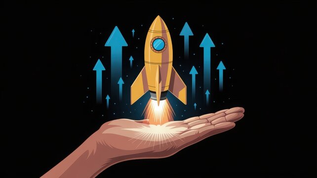 An illustration depicts a hand launching a rocket with blue arrows.