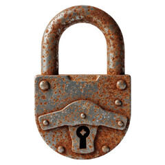 Rusty old padlock with a weathered metal surface and keyhole isolated on transparent background