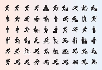 Fototapeta premium Collection of flat human activity and sports icons in monochrome style