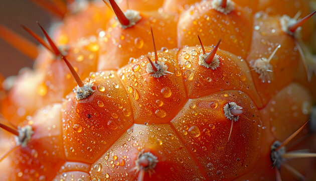 Close up of a vibrant orange cactus with water droplets and sharp spines