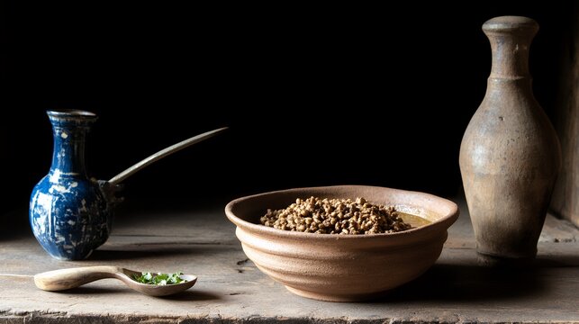 Rustic earthenware bowl filled with Nigerian Egusi soup