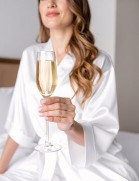 a woman in a plush white robe holding up a glass of red wine, smiling softly in warm, cozy indoor lighting