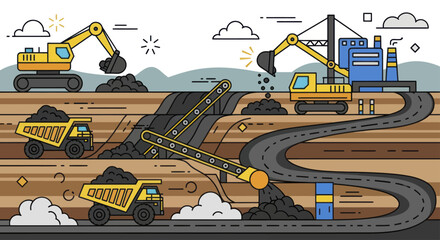 Coal mining operation with excavators and dump trucks. © Aksa