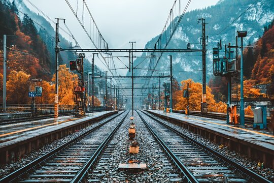 Parallel train tracks leading through a scenic autumn valley