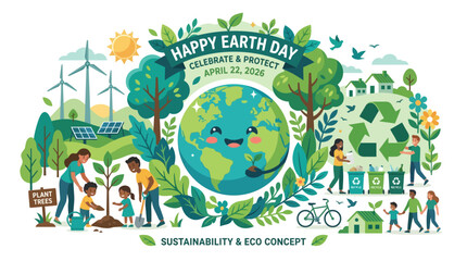 Obraz premium Earth Day Illustration with People and Nature.