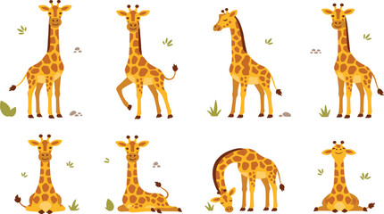 Cute Giraffe Character Collection with Different Standing, Walking and Sitting Poses in African Safari Cartoon Style for Kids Nursery and Wildlife Designs. © MstSuborna