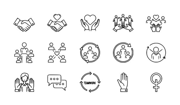 Friendship and love line icons set with trust handshake teamwork support and social responsibility vector outline collection