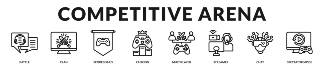 Competitive arena banner representing multiplayer competition environments and live audience engagement ecosystems in Lineal Icon Style © Zero_wing