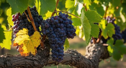 Fototapeta premium A cluster of purple grapes hanging from a vine with green leaves and a yellow leaf