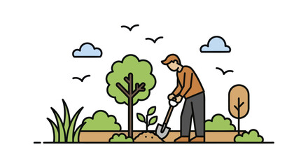 Gardener planting a small tree with a shovel in the garden. © Aksa
