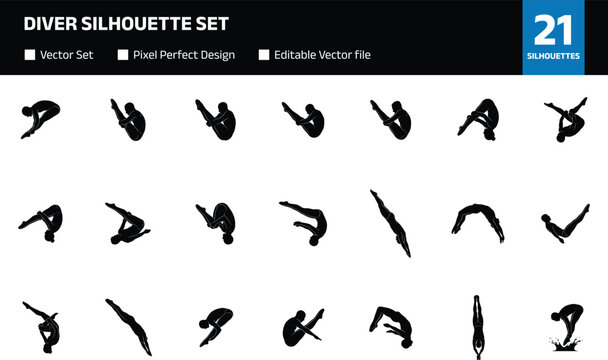 Diver silhouette set with diverse competition actions featuring athletic men and women performing tuck pike and straight dives for swimming and olympic sport design