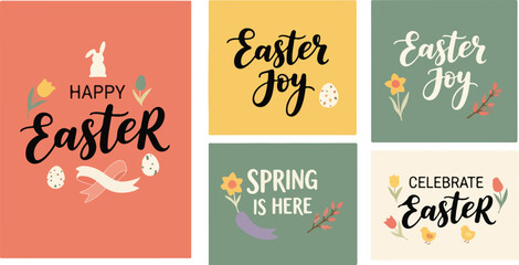Naklejka premium Easter Greeting Card Set with Spring Flowers, Bunny and Eggs in Pastel Colors