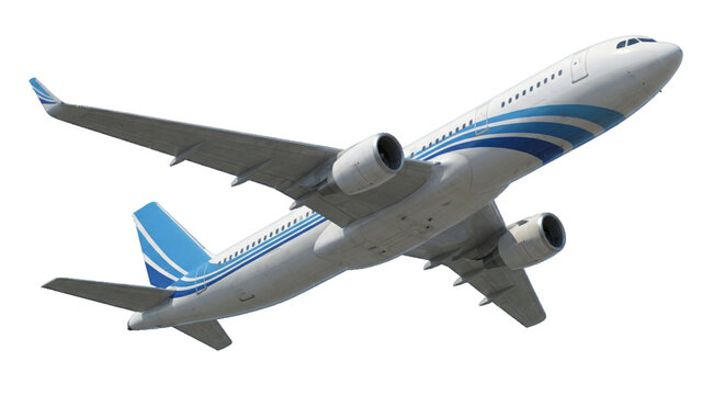 Commercial passenger airplane in flight on transparent Background. Side view of a modern twin-engine jet airliner ascending on transparent Background. 