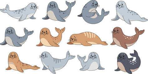 Cute Seal and Sea Lion Character Set with Different Swimming and Resting Poses Cartoon Marine Animal Vector Illustration Collection for Ocean and Kids Designs. © MstSuborna